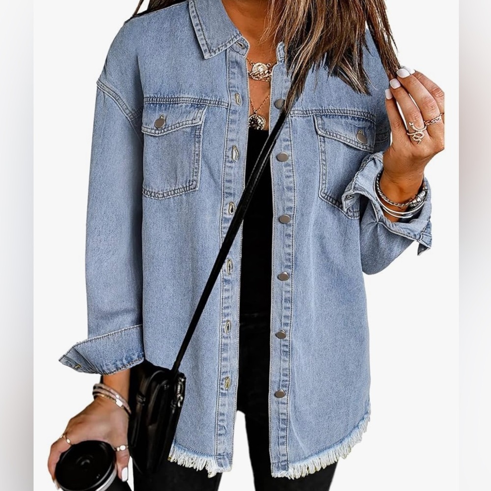 Denim Button-Up Shirt with Frayed Hem